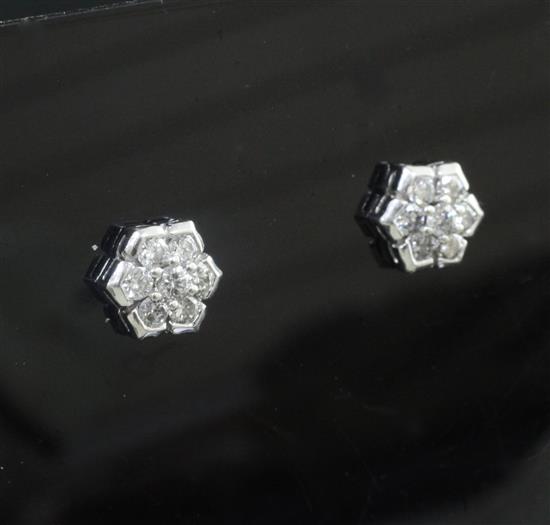 A pair of 18ct white gold and diamond cluster hexagonal ear studs, widest point 10.1mm.